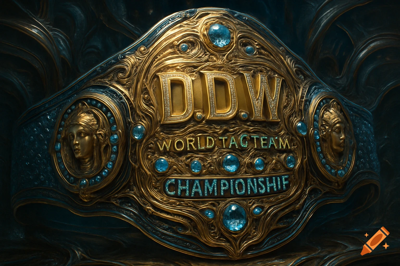 A highly detailed, ornate gold and blue wrestling championship belt with sculpted goddess heads and jewels, reading "D.D.W World Tag Team Championship".