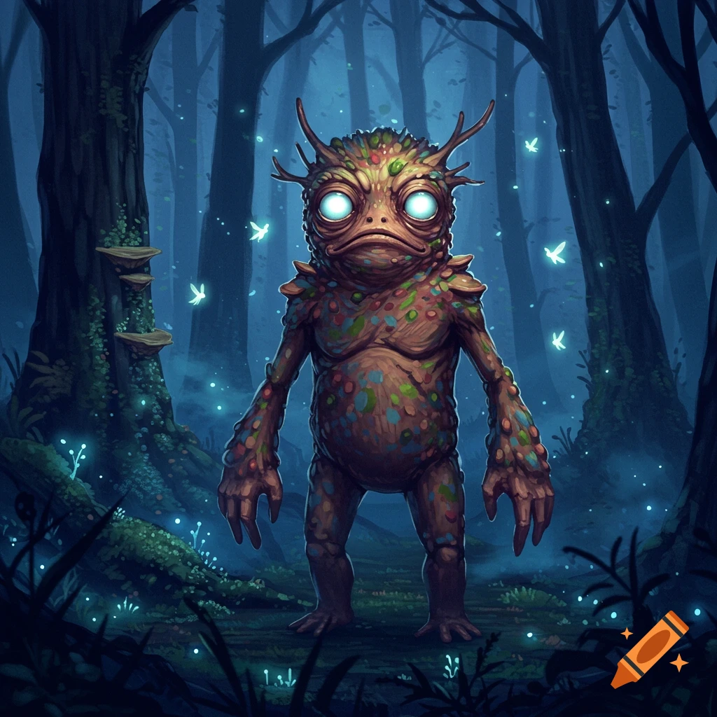 A frog-like fantasy creature with glowing eyes and colorful spots stands in a dark, mystical forest with glowing plants and fireflies.