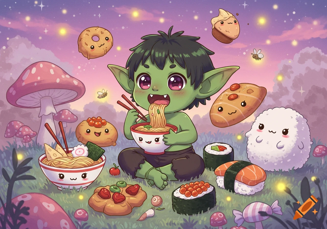 A cute chibi goblin sits eating ramen with chopsticks, surrounded by smiling kawaii sushi, desserts, and mushrooms in a magical, starry landscape.
