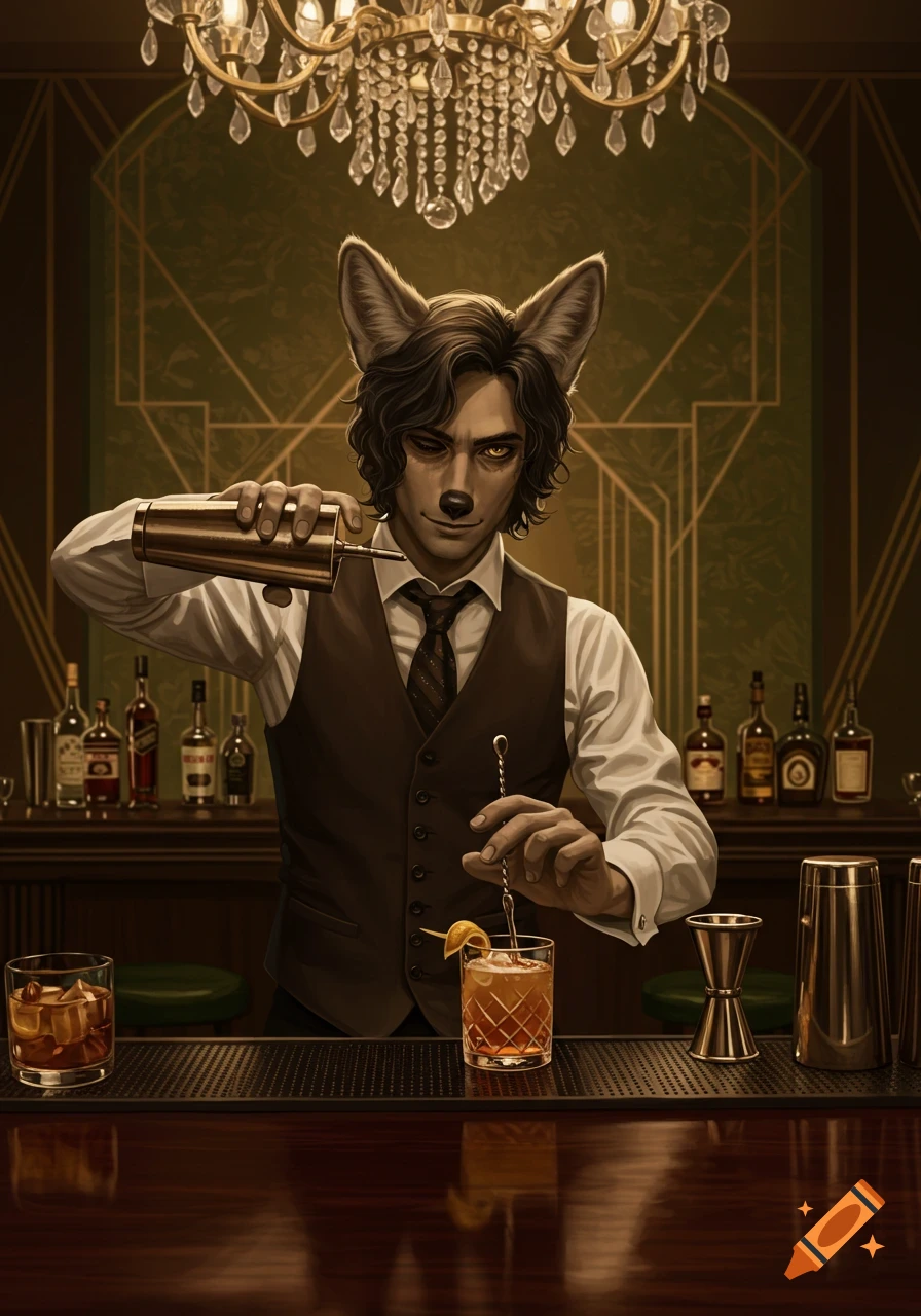 An anthropomorphic man with coyote ears in a 1920s art deco bar, dressed as a bartender, pouring a drink.