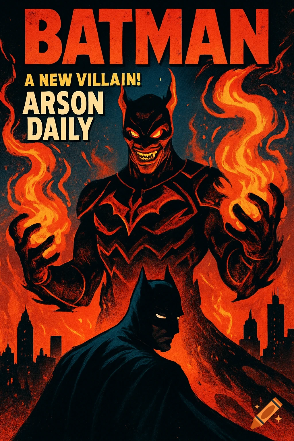 A comic book cover showing Batman facing a fiery, horned villain named Arson Daily, against a burning city background.