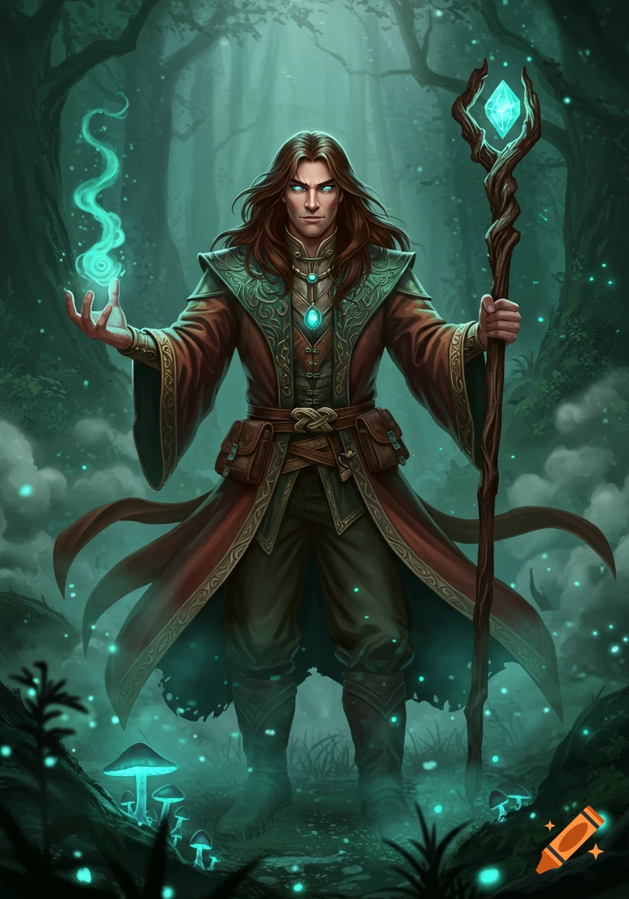 A male sorcerer with long brown hair and glowing teal eyes holds a staff and conjures magic in a dark, glowing forest.