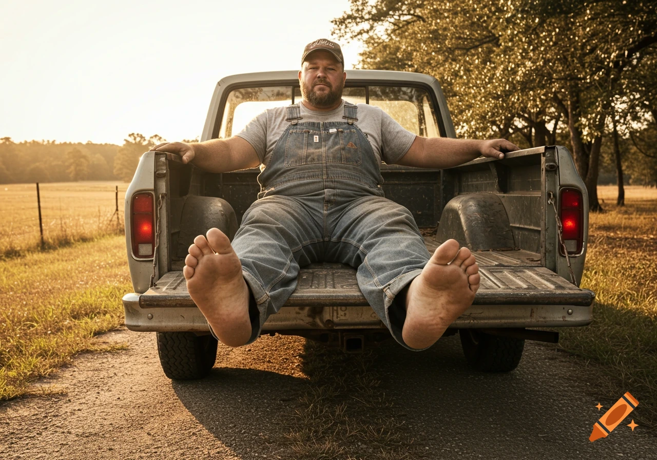 A heavy-set man in overalls sits barefoot in the back of an old pickup truck on a dirt road in a sunny rural setting.