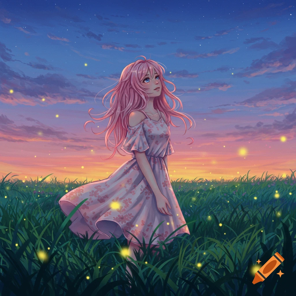 An anime girl with pink hair stands in a grassy field filled with ...