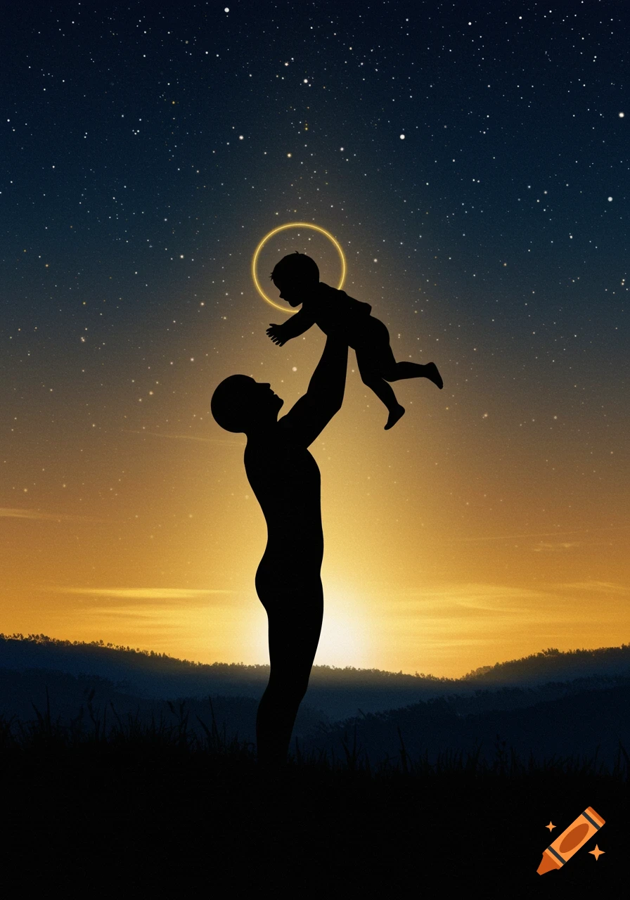 Silhouette of a parent holding a baby with a halo against a star-filled sunset sky over hills.