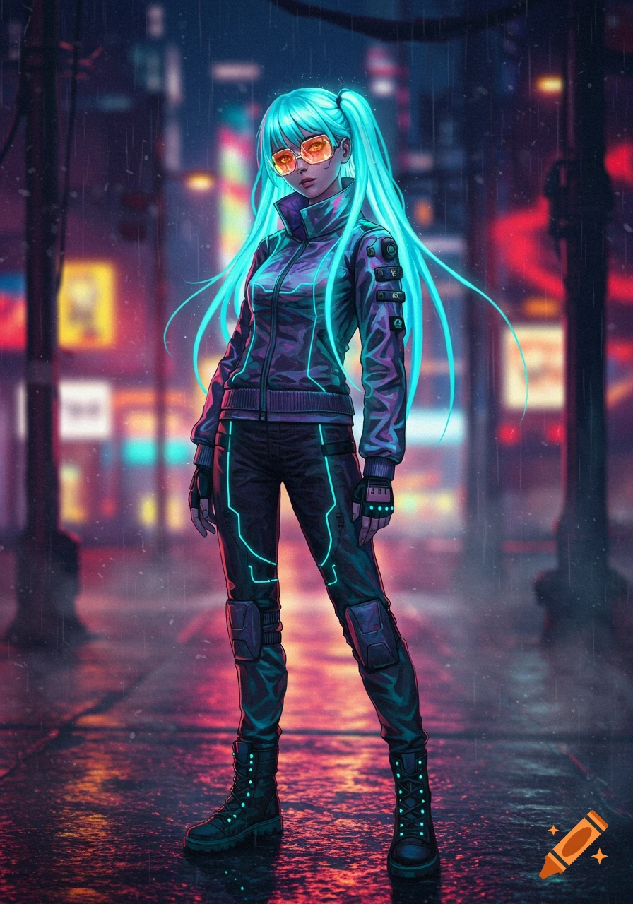 Illustrated anime girl with glowing blue hair, orange sunglasses, and a cyberpunk outfit with neon accents, on a rainy city street.