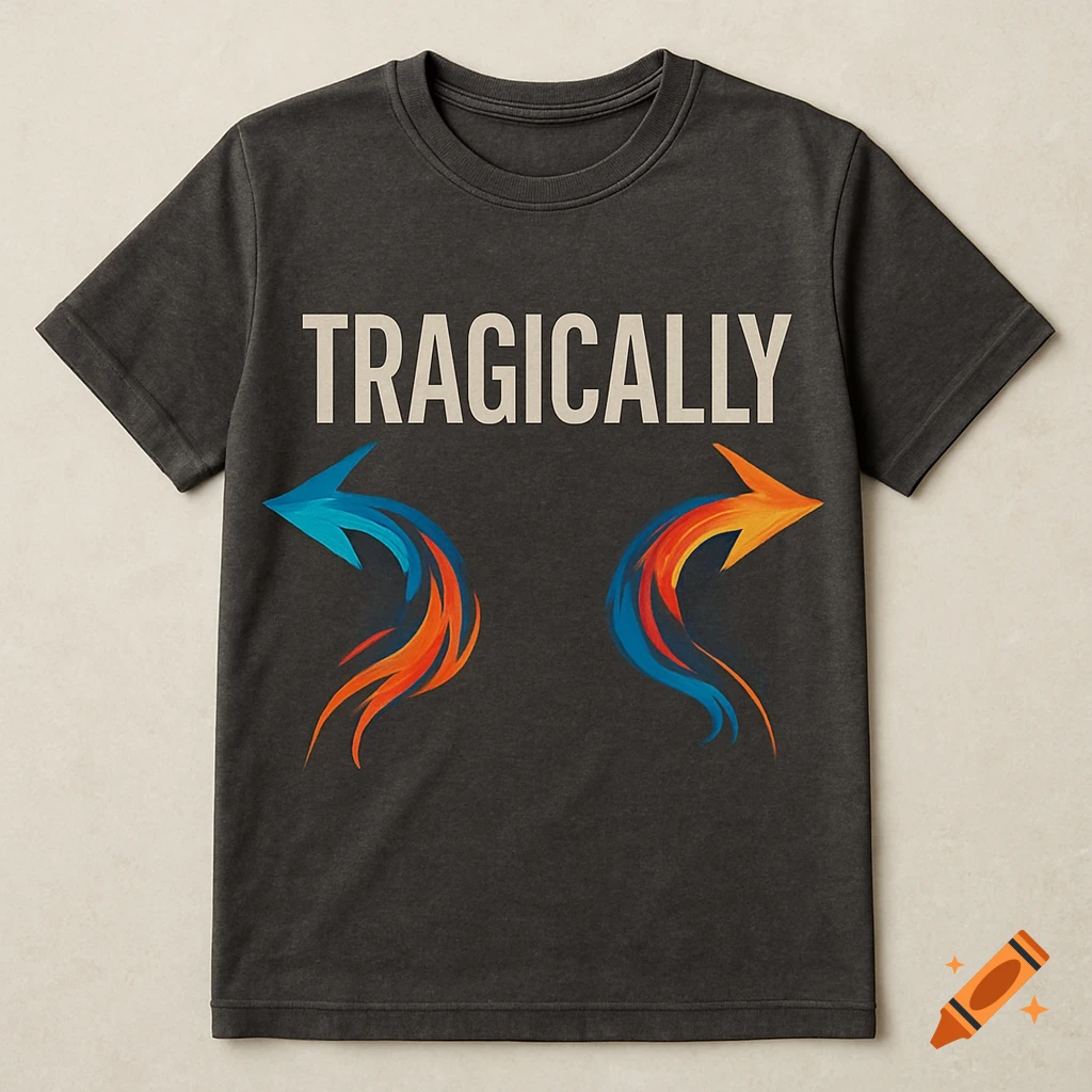 A dark grey t-shirt with the word TRAGICALLY in cream letters and stylized blue and orange arrows pointing outwards below it.