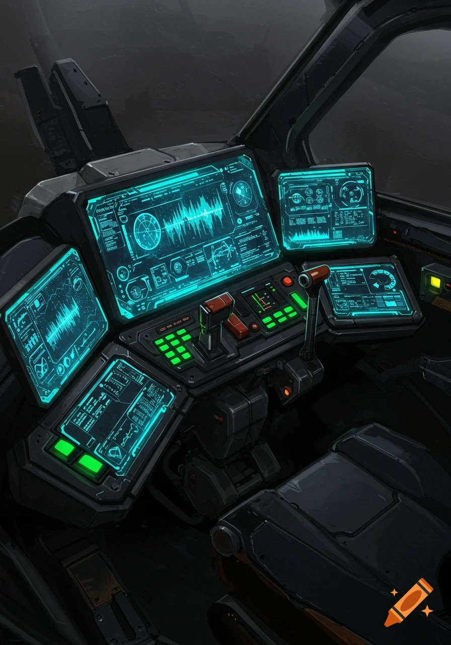 Detailed view of a futuristic mech control panel with multiple glowing blue-green screens displaying data and controls.