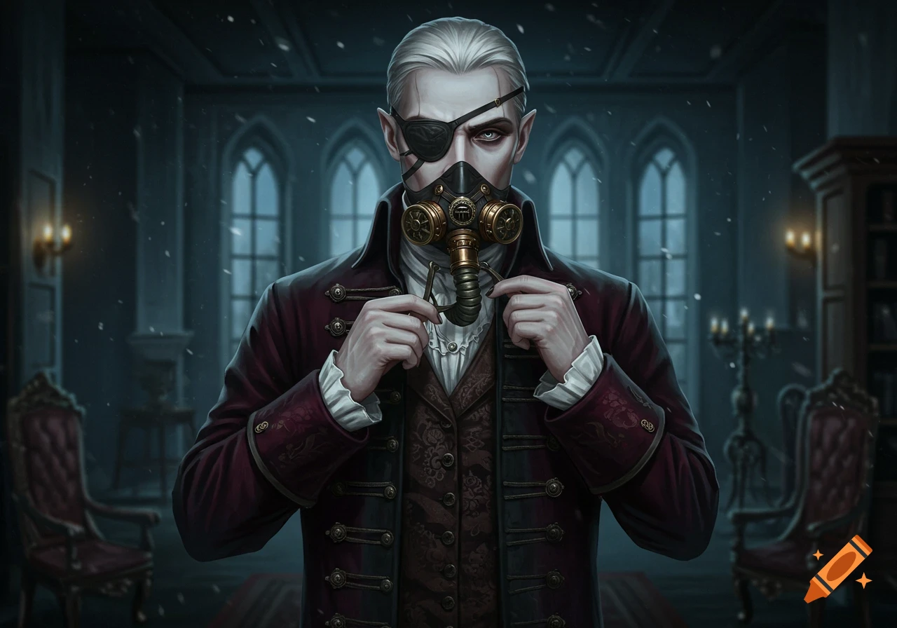 A pale-skinned man with an eyepatch and elf ears, wearing a maroon coat and white ruffled shirt, puts on a brass steampunk gas mask in a gothic room.