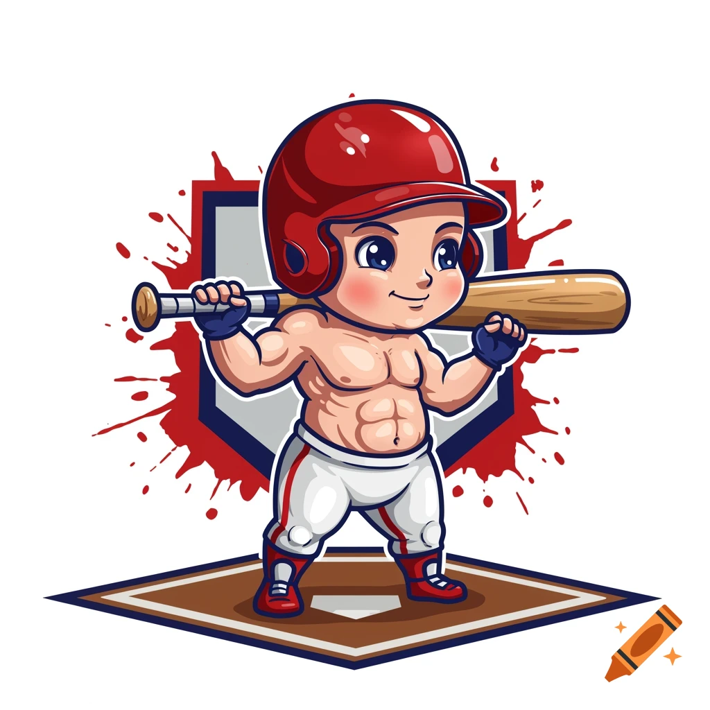 Cartoon illustration of a muscular baby in a red baseball helmet and white pants, holding a bat over its shoulder, standing on a home plate.