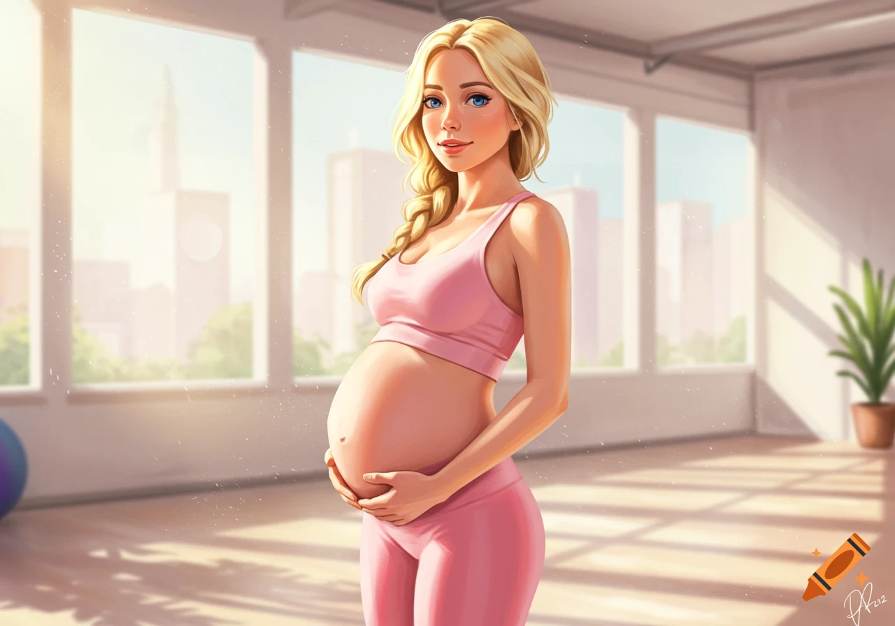 An illustrated pregnant blonde woman in pink sportswear cradling her belly in a sunny gym.