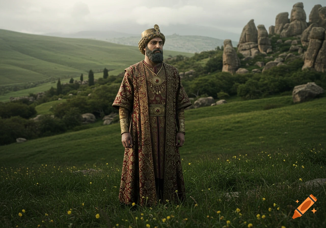 A photorealistic image of a bearded man in richly decorated historical robes and a turban, standing in a green, hilly landscape.