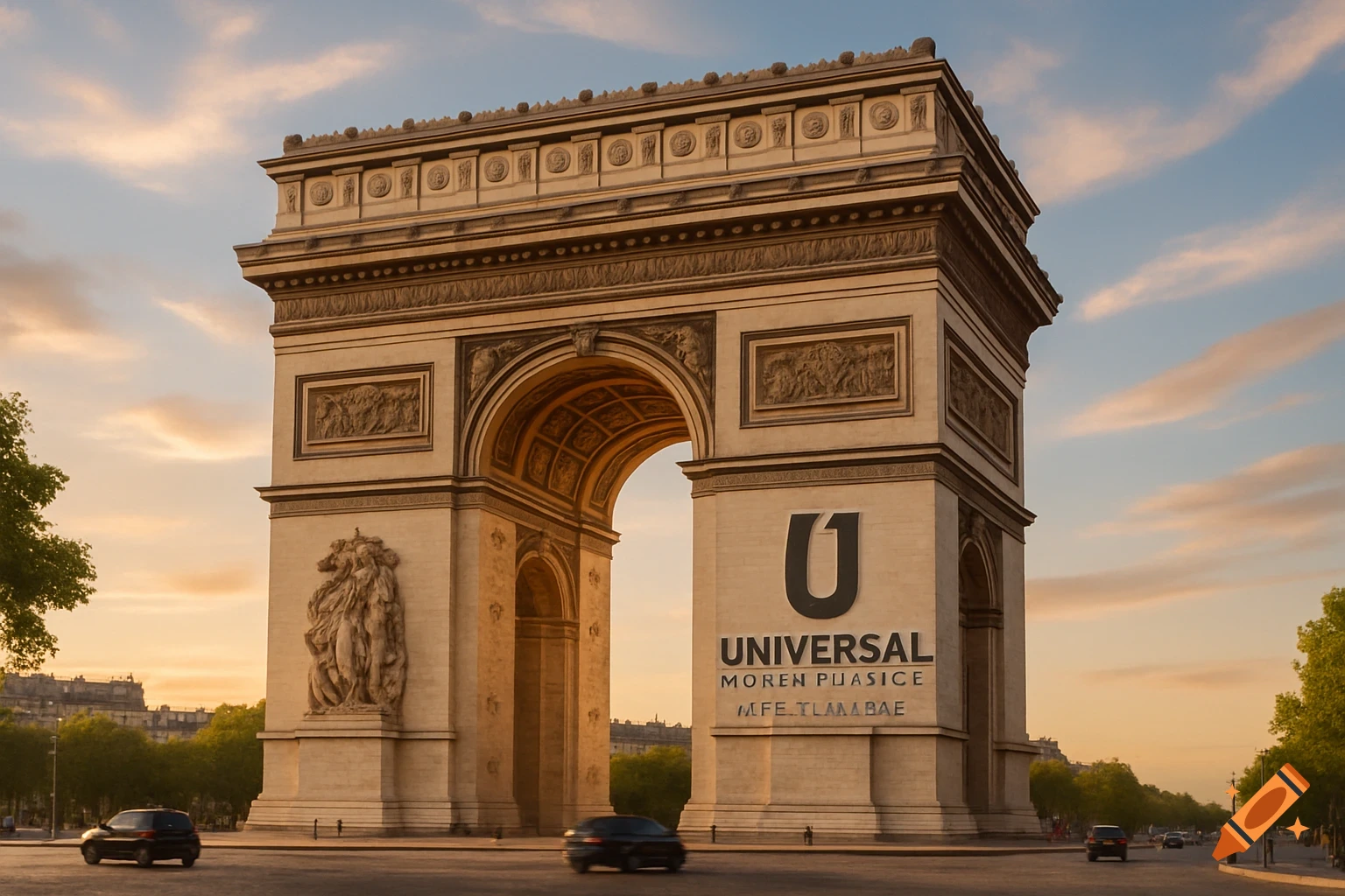 Photorealistic view of the Arch de Triomphe at sunset with a "U" and "UNIVERSAL" logo on its side and garbled text below.