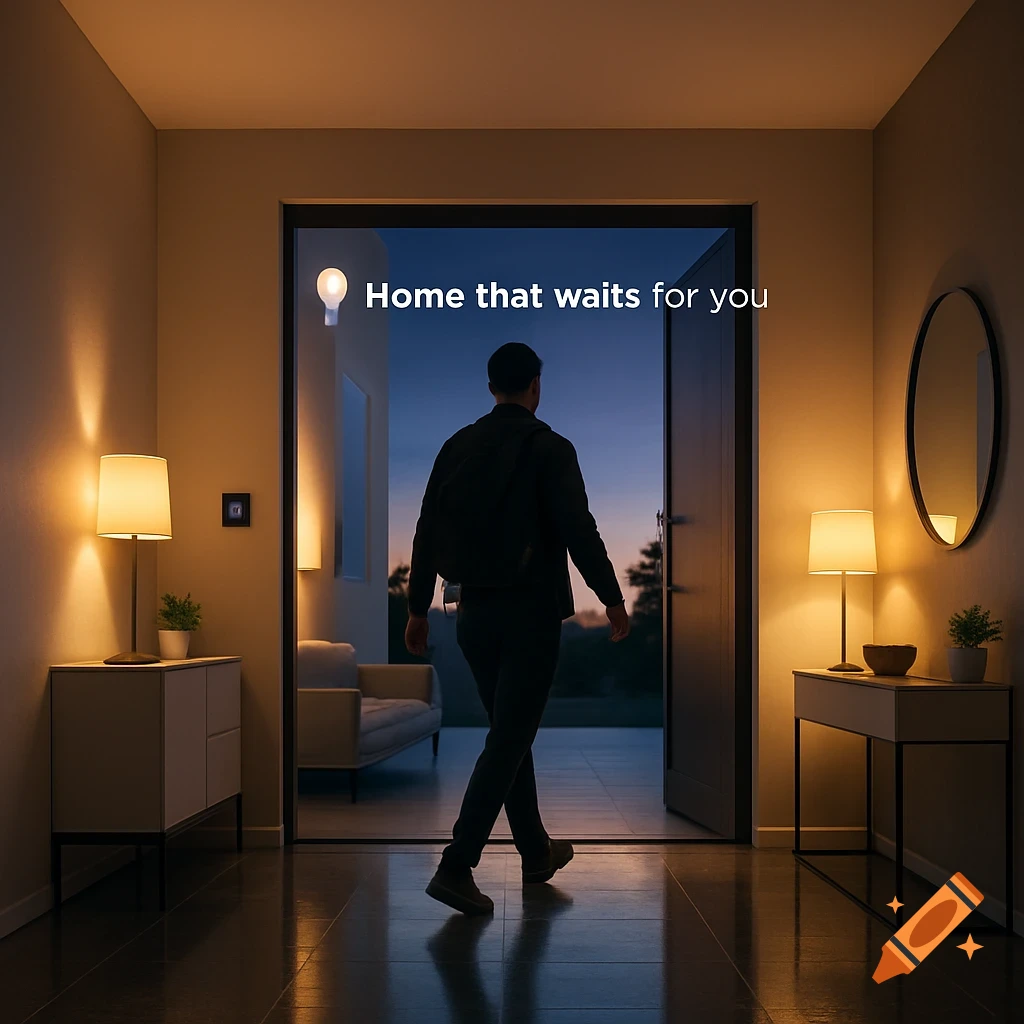 A man enters a modern, minimalist smart home at dusk, illuminated by warm smart lights and reflections on the polished floor.