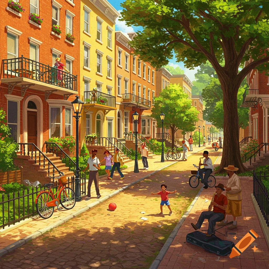 A vibrant, sunny illustration of a bustling city street lined with colorful townhouses, leafy trees, and people walking, cycling, and playing music.