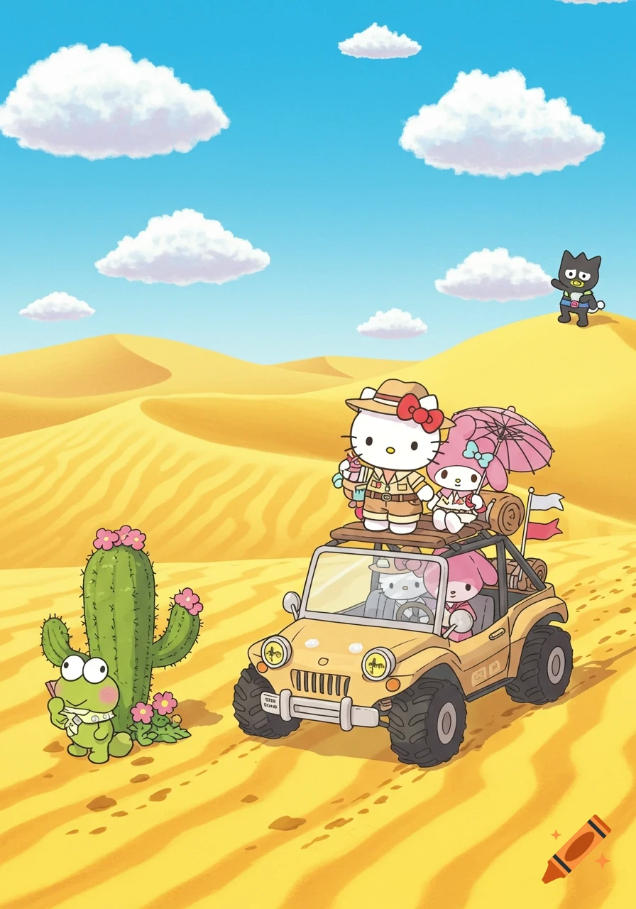 Sanrio characters Hello Kitty, My Melody, Keroppi, and Badtz-Maru on a desert adventure in a jeep with a cactus.