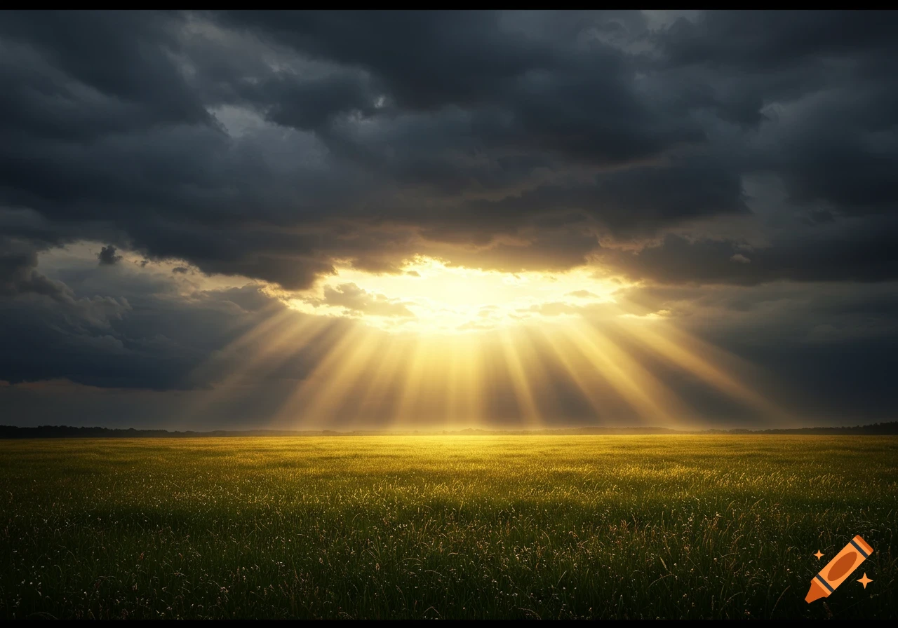 Sunlight breaking through dark, dramatic clouds over a vast green-golden field, creating a striking landscape.