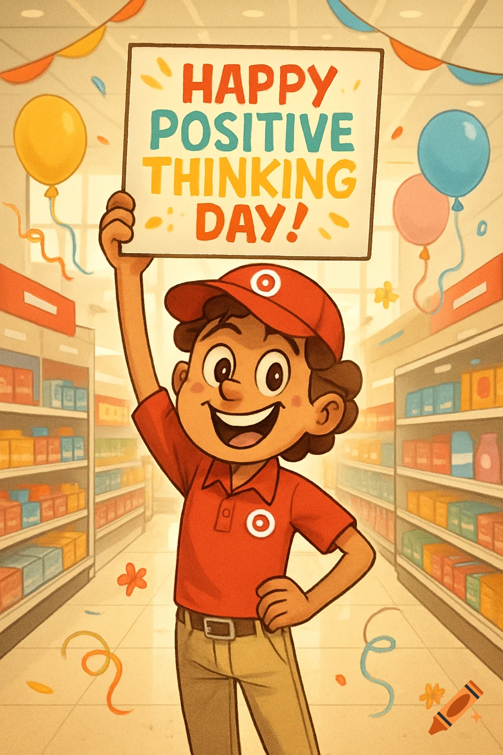 Cheerful cartoon Target employee holds a 'HAPPY POSITIVE THINKING DAY!' sign in a grocery store aisle, with balloons.