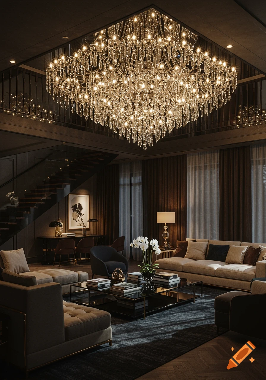 A luxurious, dark living room featuring a grand crystal chandelier, elegant sofas, a coffee table, and a staircase.
