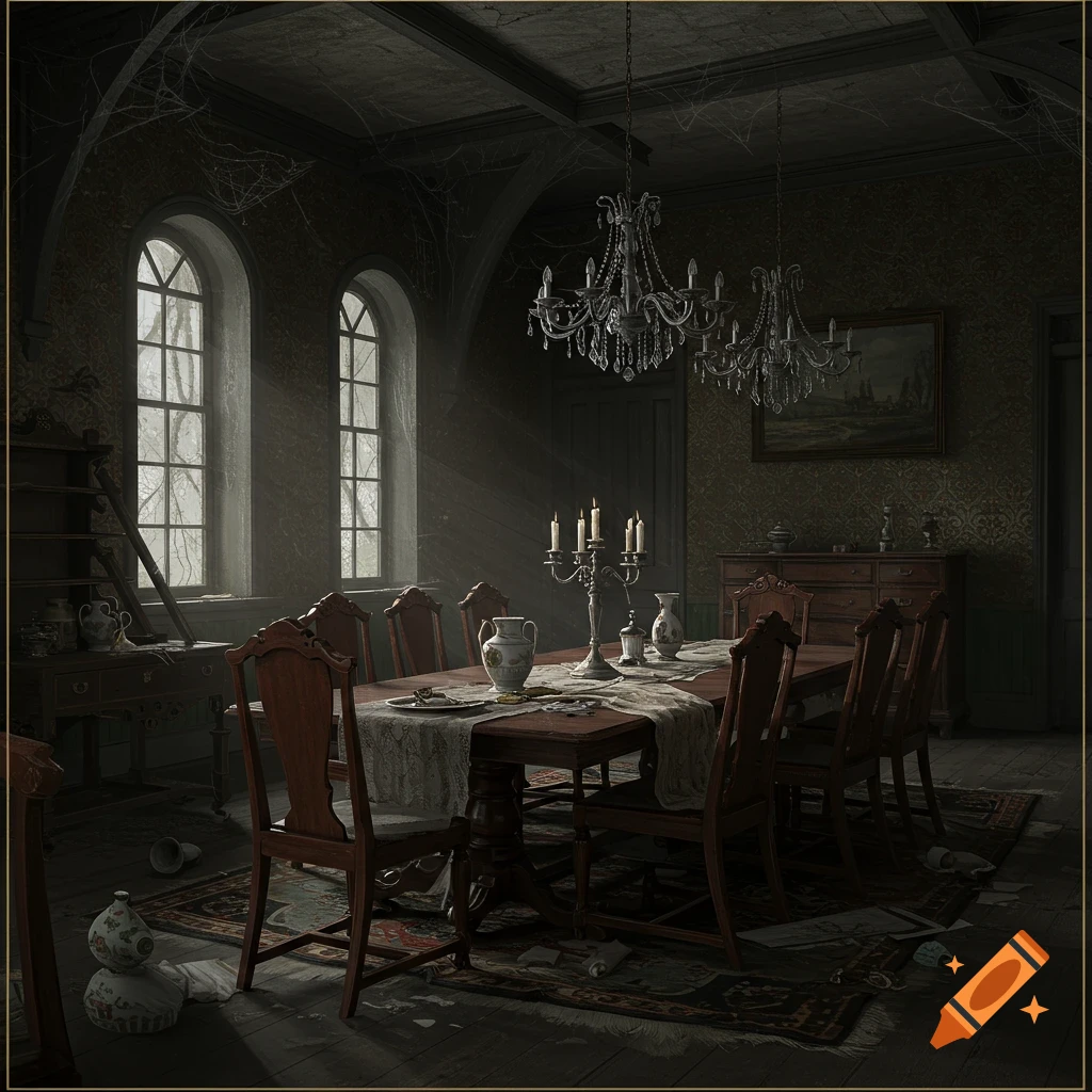 A dark, abandoned Victorian dining room with sunlight piercing through arched windows, illuminating dust, cobwebs, and a long dining table.