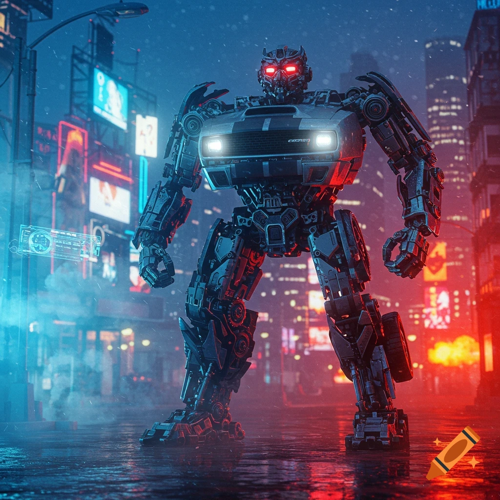A detailed, dark metal robot with glowing red eyes and car headlights on its chest stands in a rainy, neon-lit cyberpunk city at night.