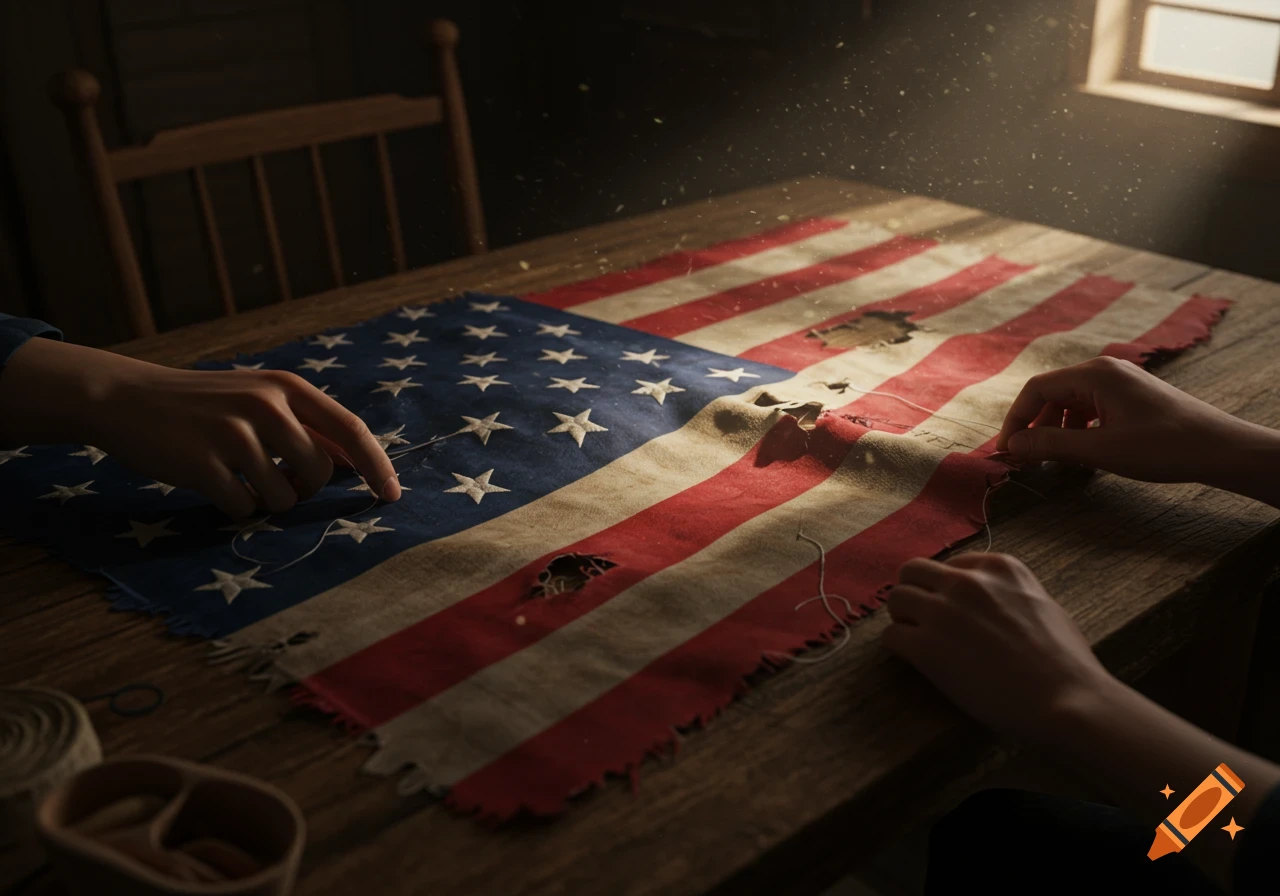 Two hands stitching a torn American flag on a wooden table, bathed in dramatic light from a window.
