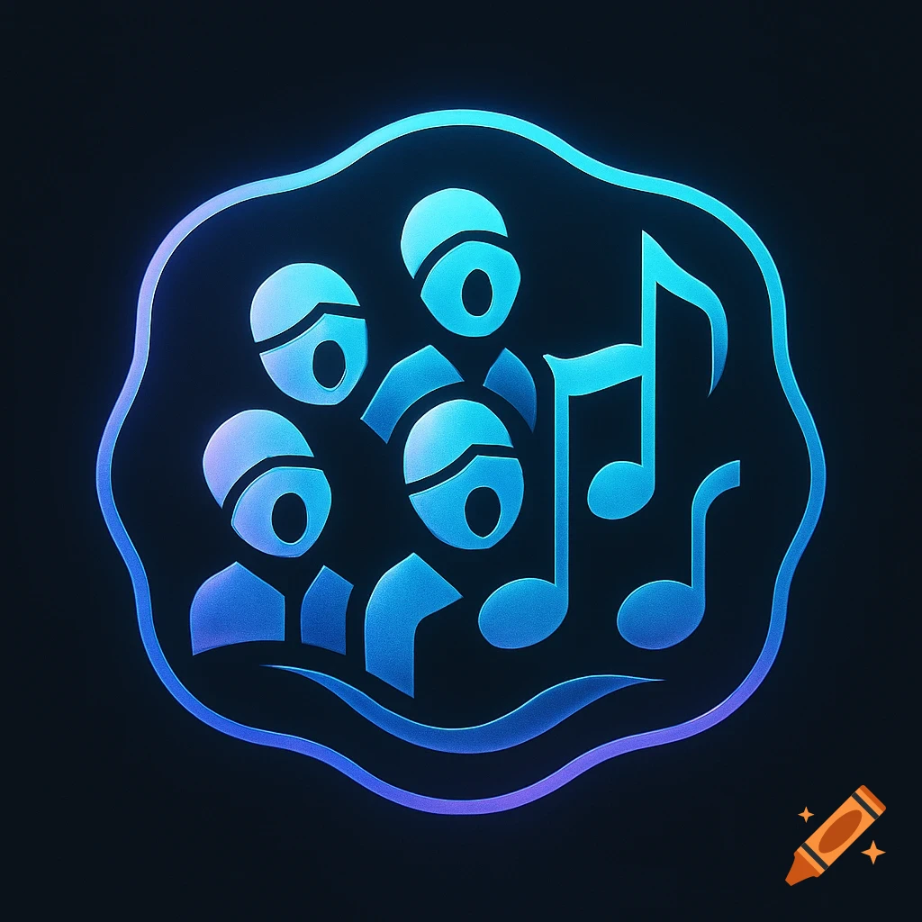 A glowing blue and purple neon-style logo of four stylized figures representing a choir, with musical notes next to them, all encased in a wavy outline on a dark background.