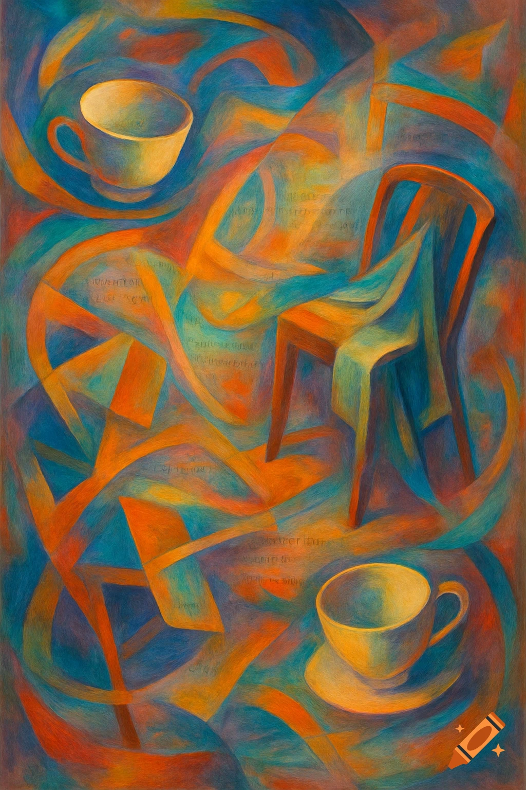 Abstract painting with two cups, a chair, and swirling orange, blue, and yellow forms, with faint, illegible text.
