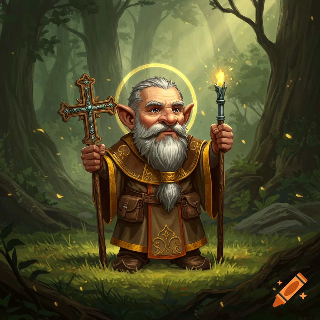 A grey-bearded gnome cleric with a golden halo holds a cross and a torch in a lush fantasy forest.