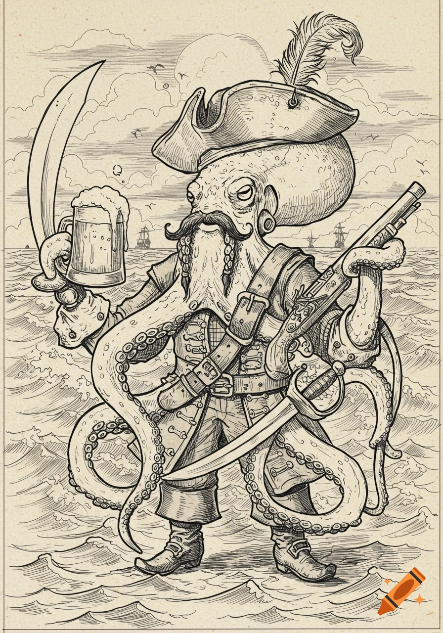 Line art illustration of a pirate octopus wearing a tricorn hat, holding a foaming pint of beer, a sword, and a pistol on a wavy sea.