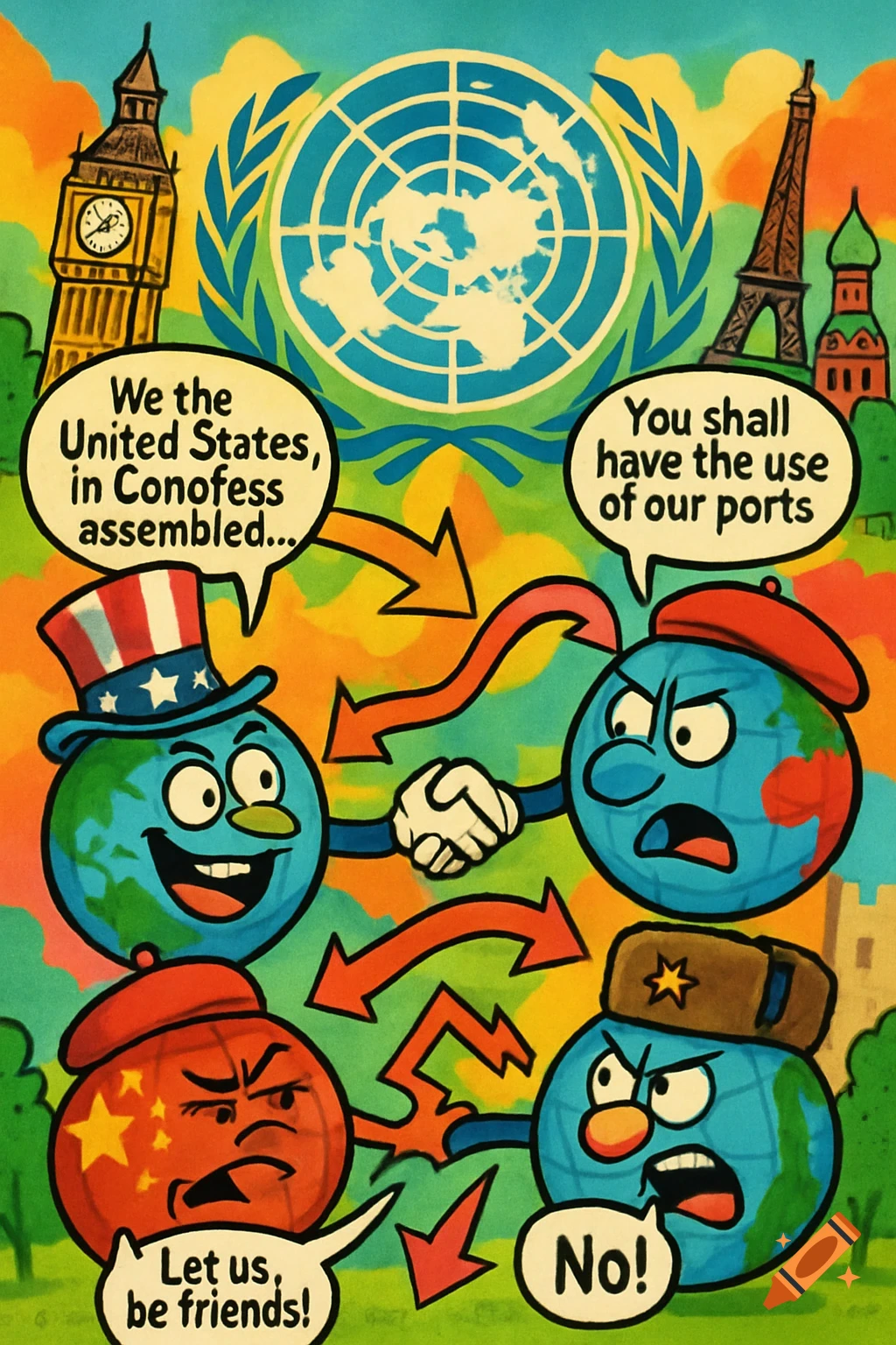 Colorful cartoon of globe characters representing nations (USA, France, China, Russia) with speech bubbles, set under a UN logo and famous landmarks.