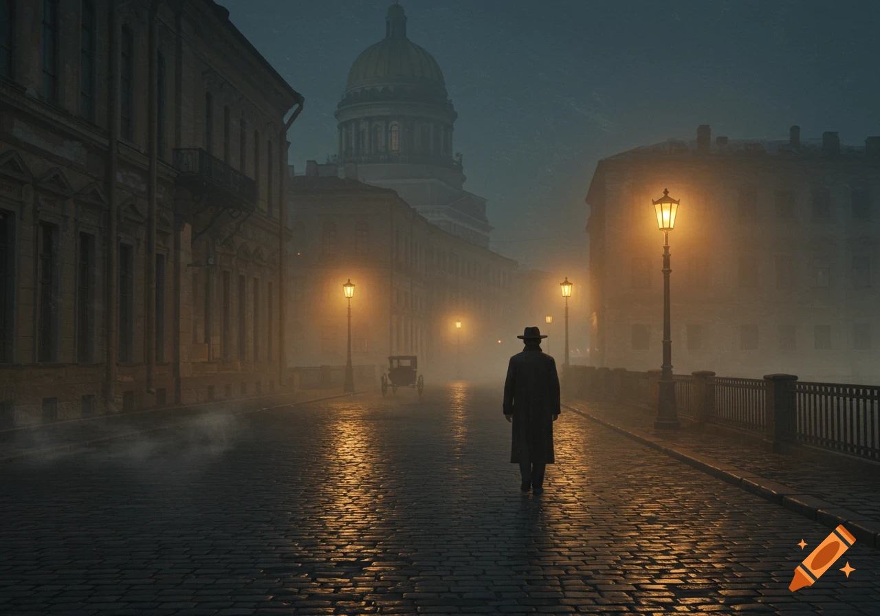 A man in a trench coat and hat walks down a misty 19th-century cobblestone street at night, illuminated by warm streetlights, with a grand dome in the background.