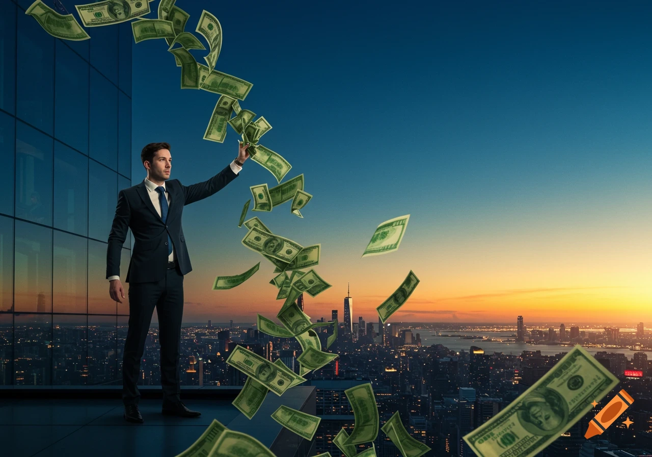 A businessman in a suit stands on a high-rise rooftop, throwing money into the air over a city skyline at sunset.