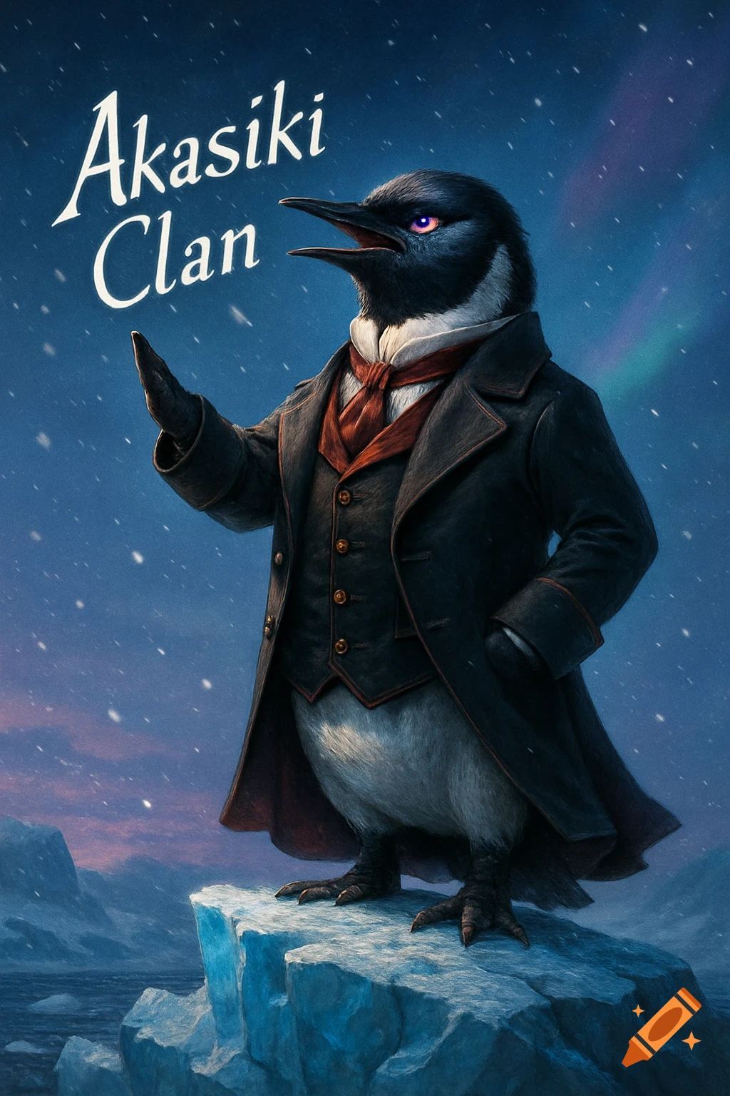 A dapper penguin in a black coat and red cravat stands on an iceberg in a snowy arctic landscape. Text: Akasiki Clan.