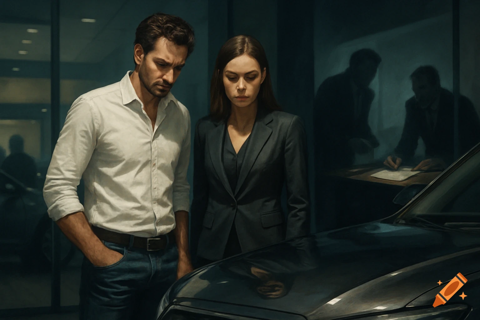 Photorealistic image of a man and a woman inspecting a car in a dimly lit car dealership, with two shadowy figures in the background.