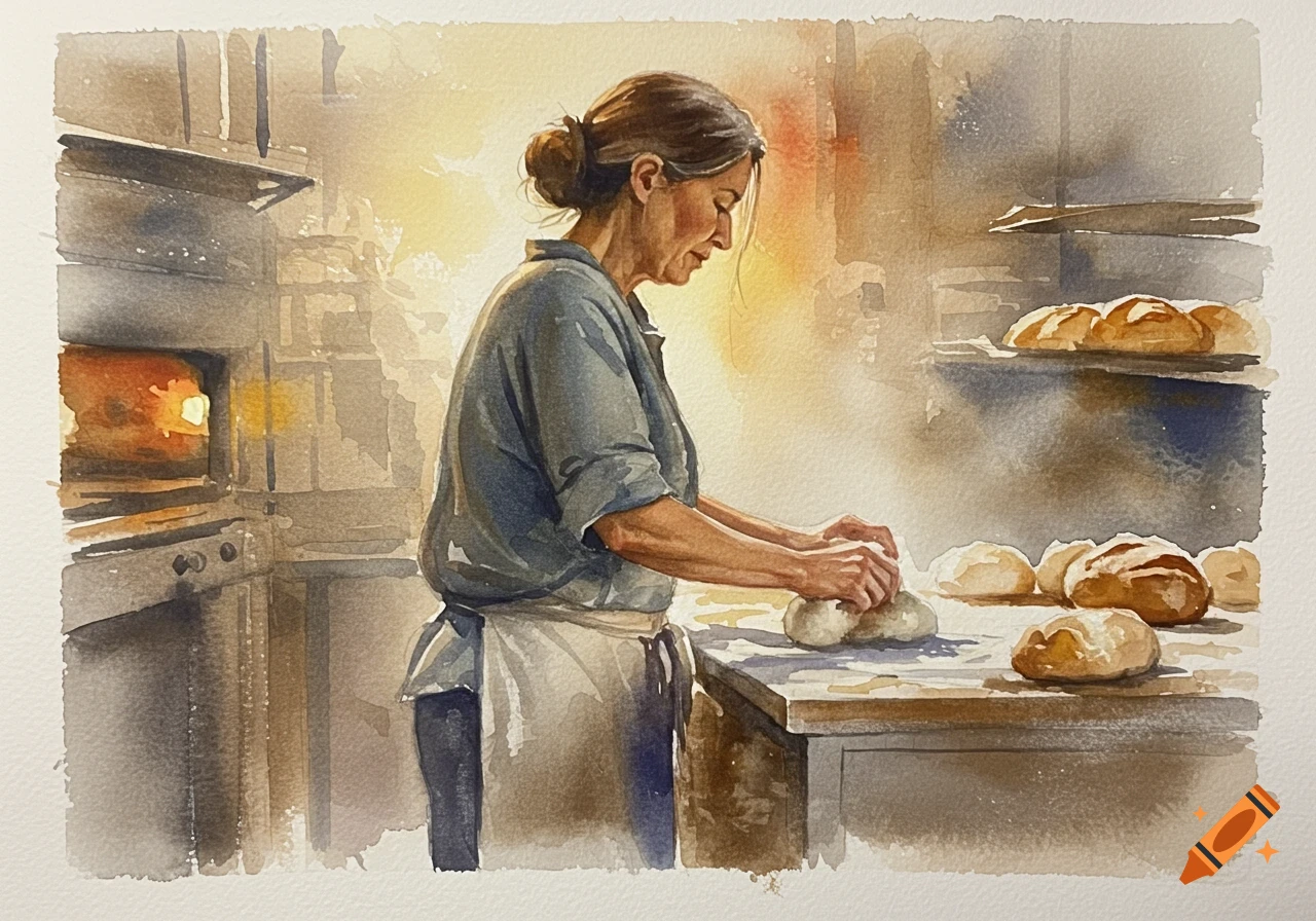 Watercolor painting of a woman kneading dough in a rustic bakery, with an oven glowing in the background.