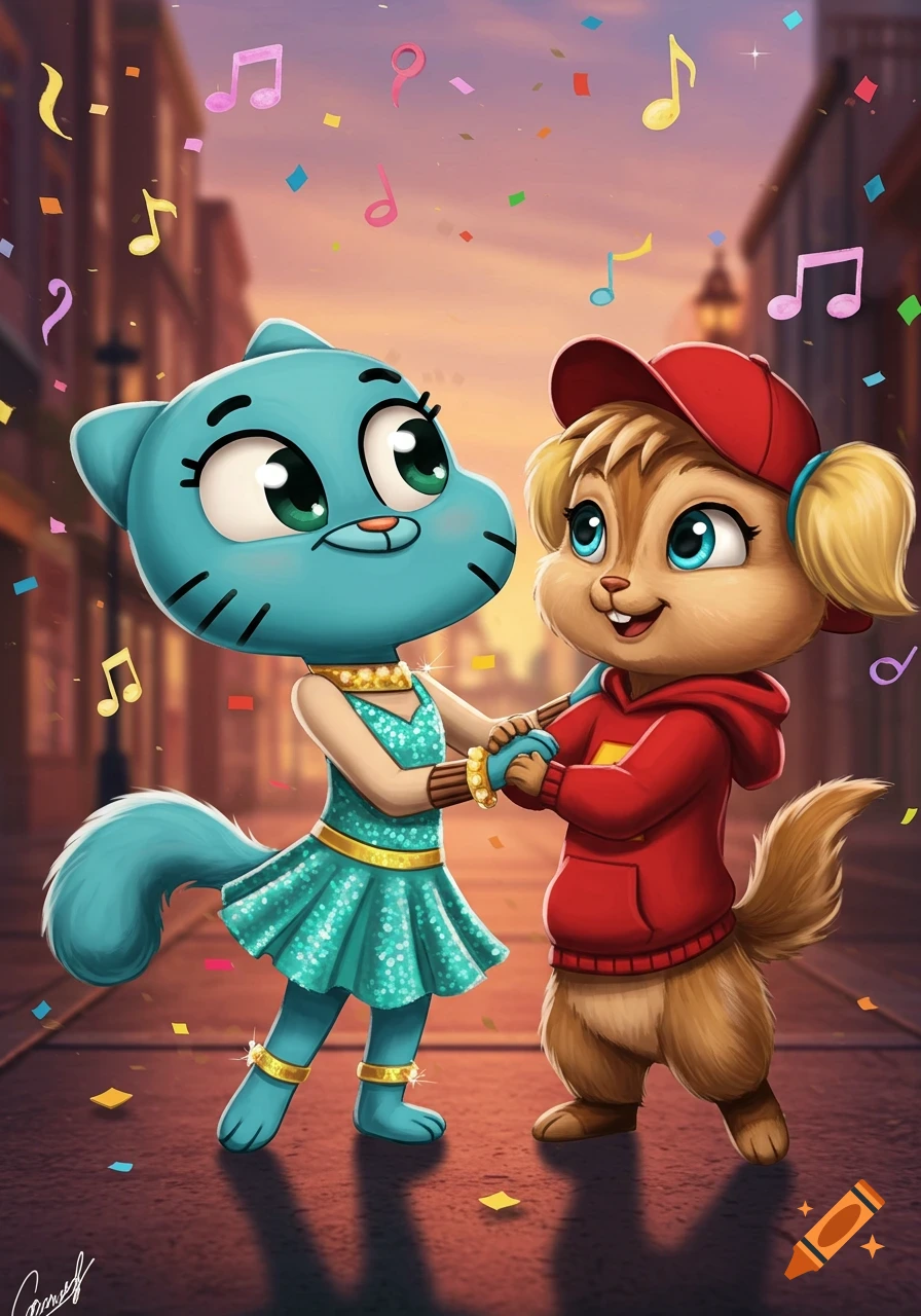 A cartoon blue cat in a sparkly dress dancing with a brown chipmunk in a red hoodie, surrounded by musical notes and confetti on a city street.