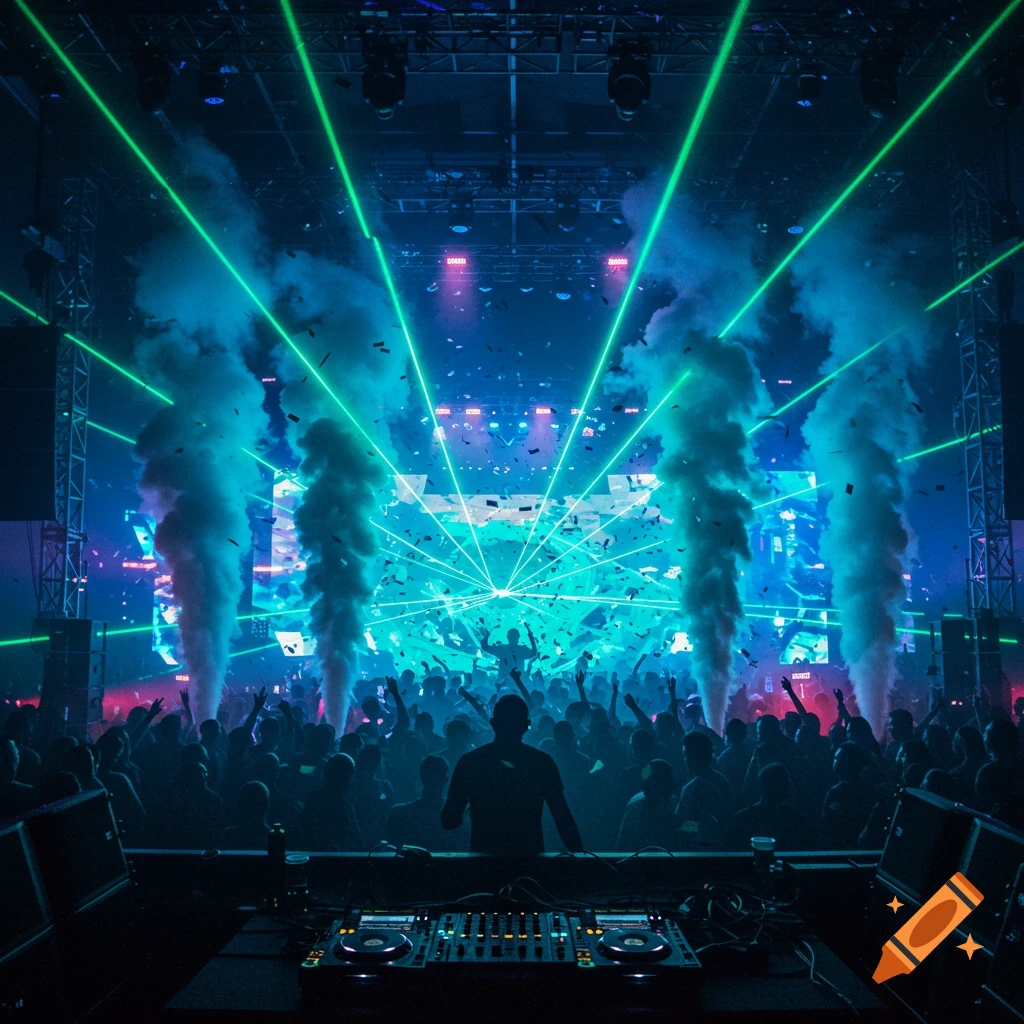 A photorealistic shot from a DJ's perspective at an EDM festival, with green lasers, smoke, confetti, and a cheering crowd.