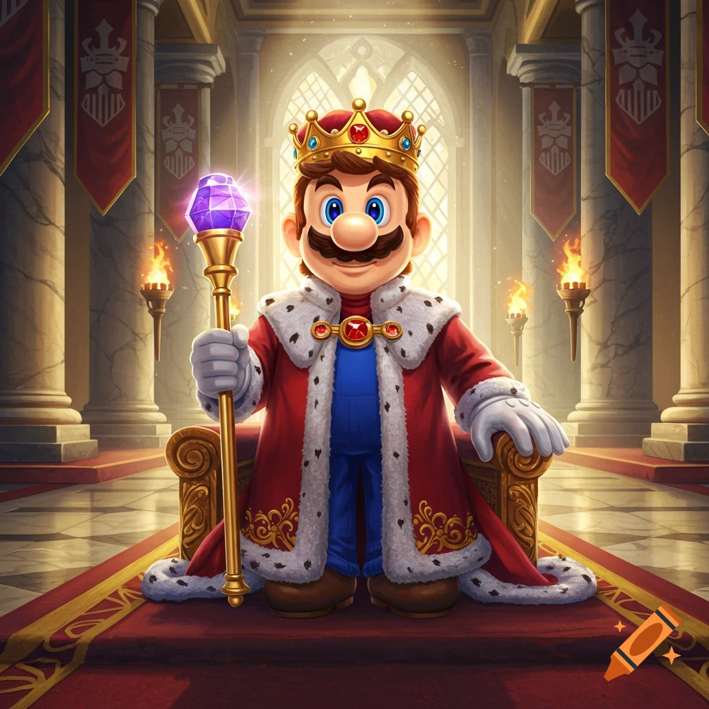 Mario, dressed as a king in a red and white robe and golden crown, sits on a throne in a grand hall, holding a glowing purple scepter.