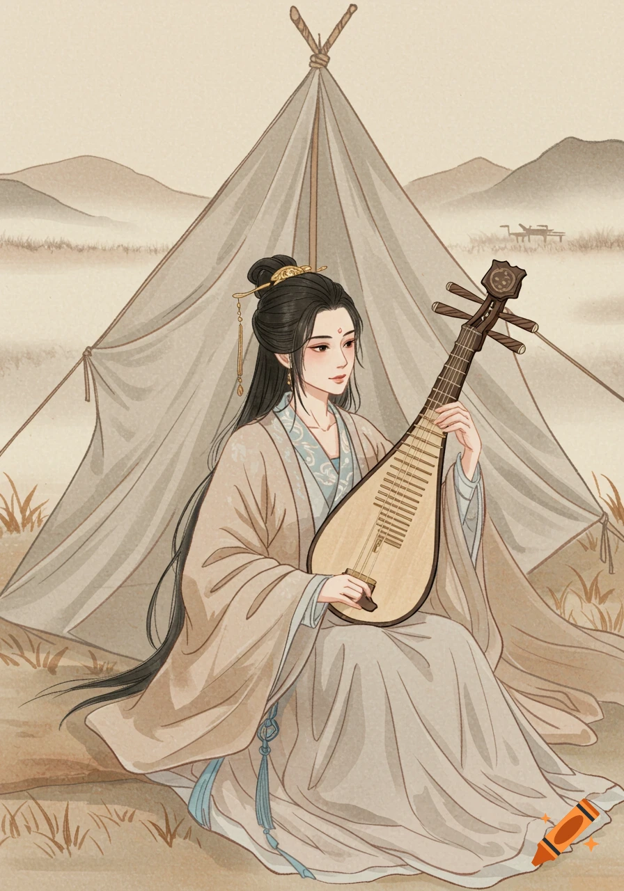 A woman in traditional Chinese dress plays a pipa outside a tent in a serene, misty, ink-wash style landscape.
