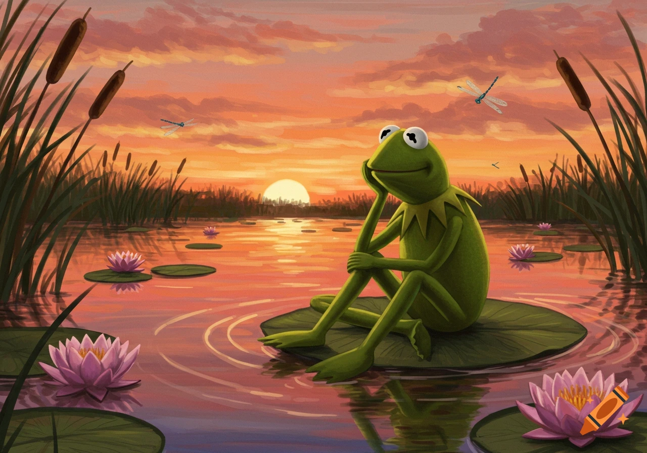 Kermit the Frog sits on a lily pad in a vibrant pond at sunset, surrounded by water lilies and cattails, with dragonflies in the sky.
