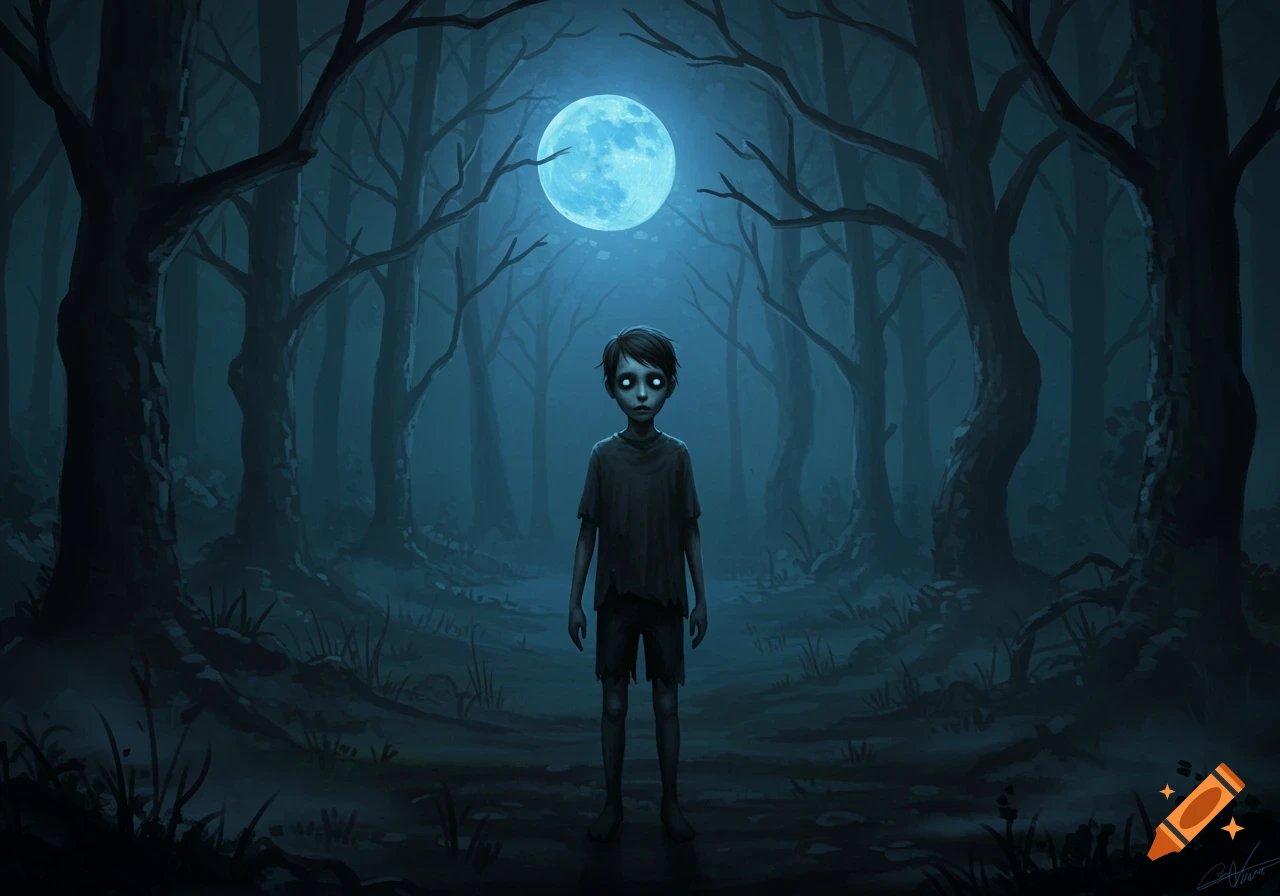 A scary boy with glowing eyes stands in a dark, eerie forest under a large blue full moon, dark fantasy illustration.
