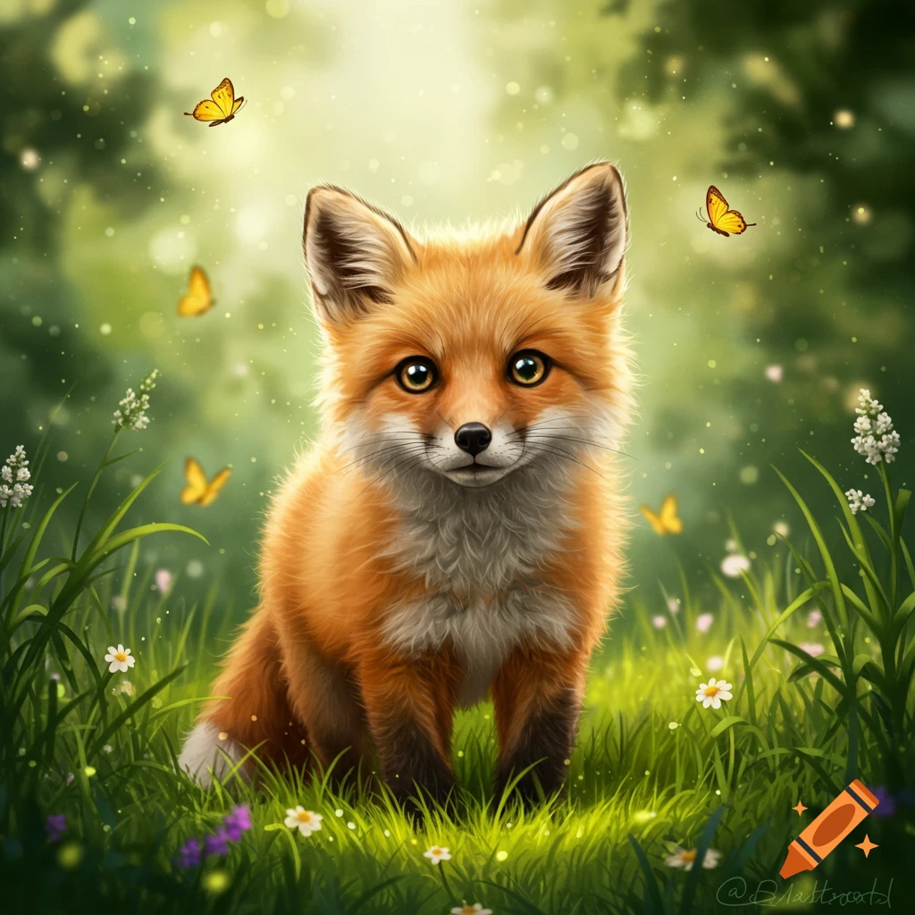 A cute, fluffy fox with big eyes sits in a vibrant green meadow with flowers and yellow butterflies in a soft, glowing forest.
