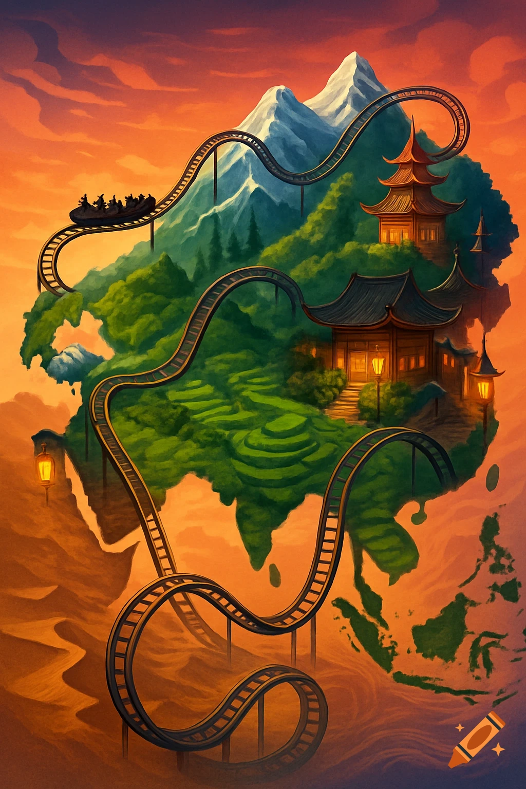 An illustrated rollercoaster winding through a fantasy landscape shaped like Asia with mountains, temples, and rice paddies, under an orange sunset.