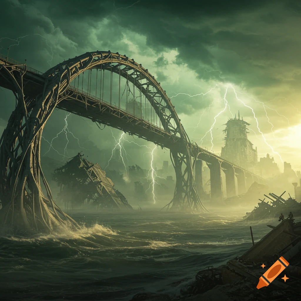 Massive gnarled bridge over choppy water in a storm-swept, dystopian landscape with lightning striking ruined buildings.