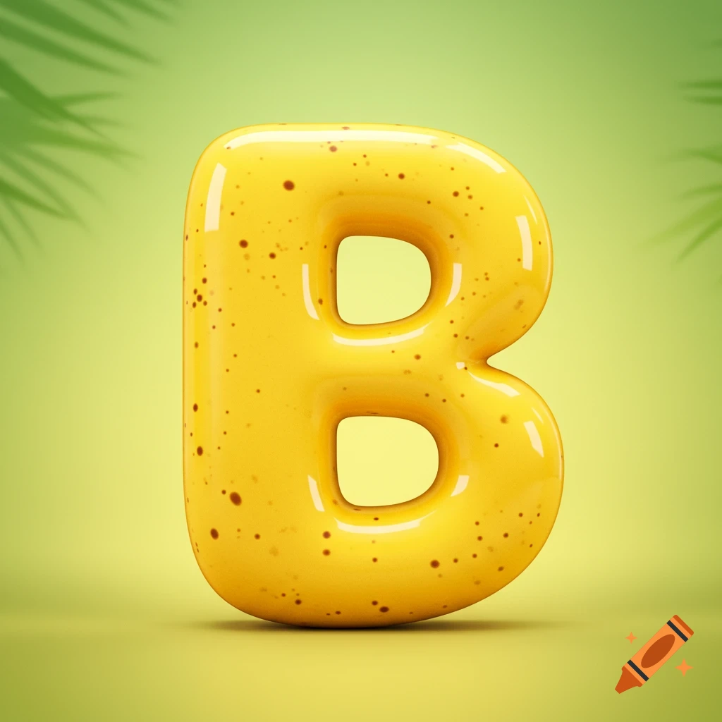 3D rendering of a bright yellow, speckled letter B shaped like a banana on a light green background with subtle leaf shadows.