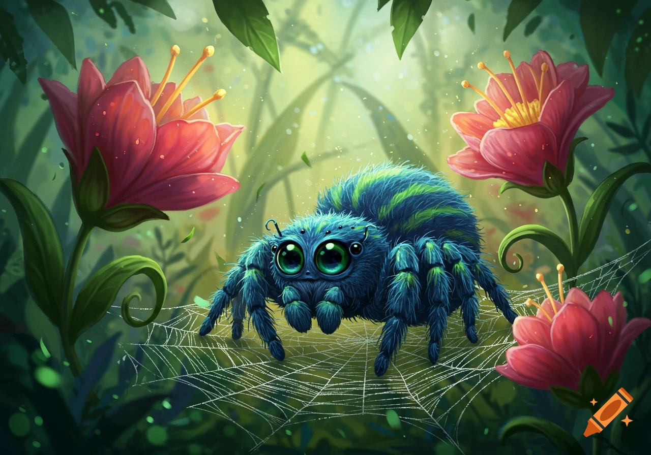 A cute, fluffy blue and green cartoon spider with big eyes sits on a web among pink flowers in a lush forest.