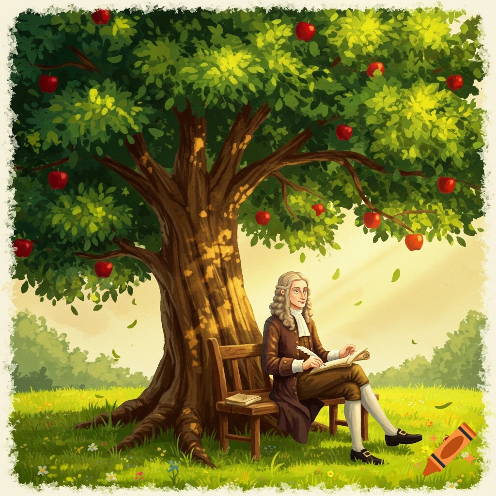 Stylized illustration of Isaac Newton sitting under an apple tree, writing in a book in a grassy field.
