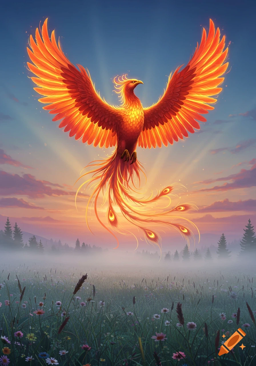 A vibrant, fiery phoenix with large, glowing wings flies over a misty, flower-filled field at sunset, with golden light rays.