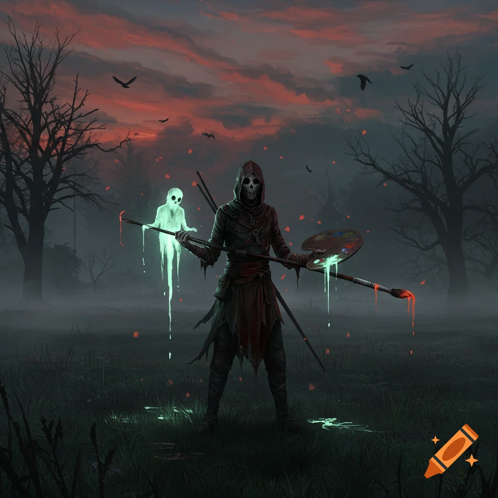 A hooded grim reaper-like figure holds a glowing paint palette and brush, standing with a ghost in a foggy, barren landscape under a dramatic red sky.